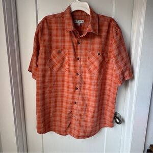 Orvis Men's Short Sleeve Tech Shirt XL Orange Plaid Quick Dry UPF30+ Polyester
